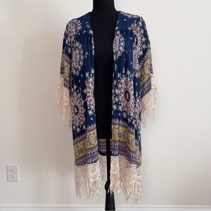 Umgee Womens Navy Boho Paisley Floral Kimono w/ Fringe Purple Green Accents M/L